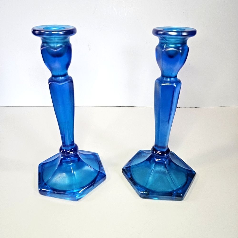Fenton Florentine #349 Celeste Blue Iridescent Carnival Glass Candle Sticks